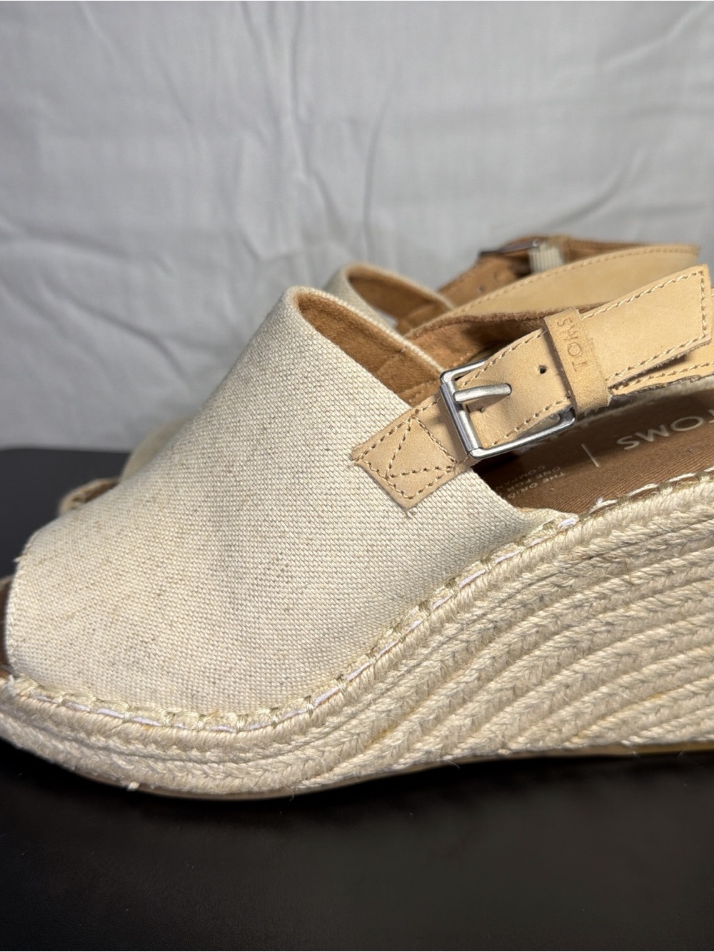 TOMS Natural Canvas Espadrille Wedge Sandals with Buckle Strap